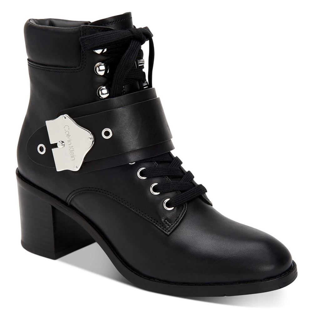 NWOT Calvin Klein Women’s Pahi Lace Up Leather Bootie size 11 metallic buckle